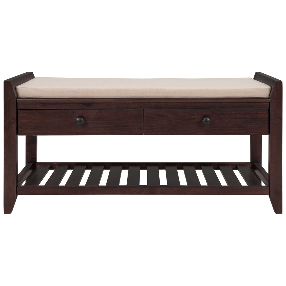 Multipurpose Entryway Storage Bench with Cushioned Seat and Drawers, Espresso Solid Wood