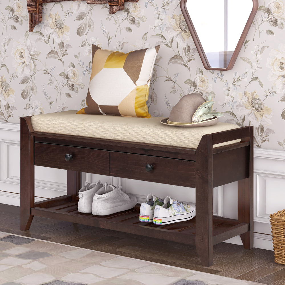Multipurpose Entryway Storage Bench with Cushioned Seat and Drawers, Espresso Solid Wood
