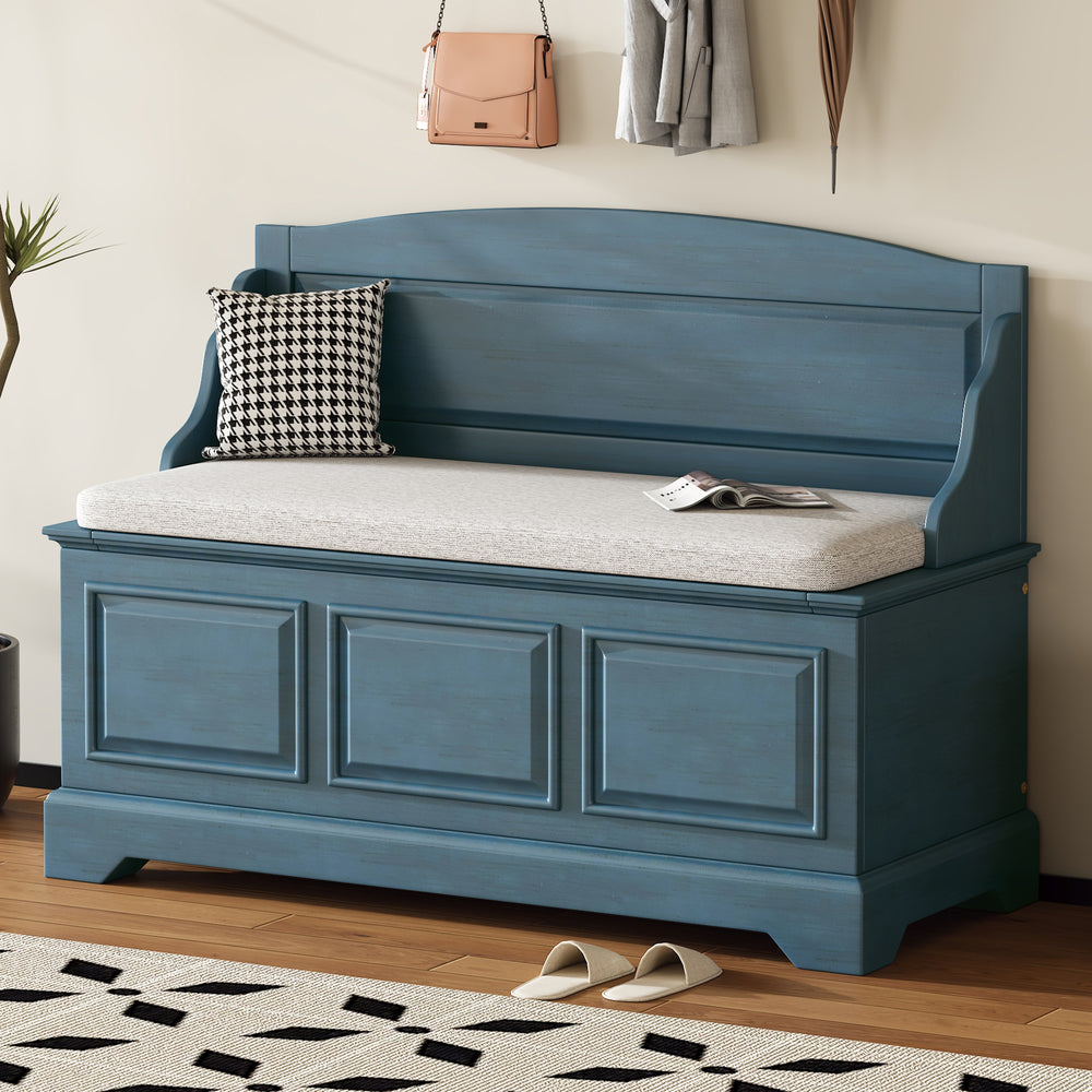 Antique Navy Retro Shoe Storage Bench with Cushion - Safe Soft-Close Storage Chest with Hidden Compartment for Entryway, Hallway, or Living Room