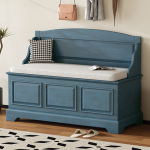 Antique Navy Retro Shoe Storage Bench with Cushion - Safe Soft-Close Storage Chest with Hidden Compartment for Entryway, Hallway, or Living Room