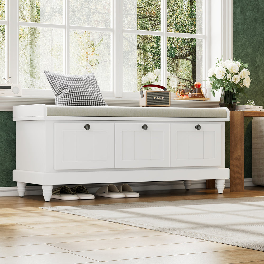 White Classic Shoe Bench with Cushion and 3 Drawers - Fluted Entryway Storage Bench for Living Room, Entryway, or Hallway