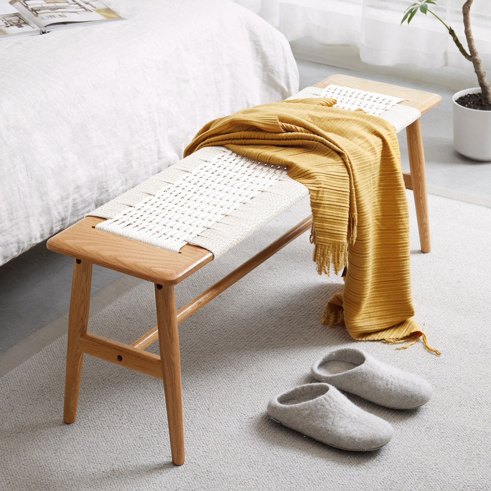 Design Natural Oak Wood Dining Bench Bed Bench with Handwoven Cane Seat in White