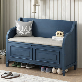 Antique Navy & Beige Rustic Solid Wood Entryway Storage Bench - Multifunctional Design with Safety Hinge