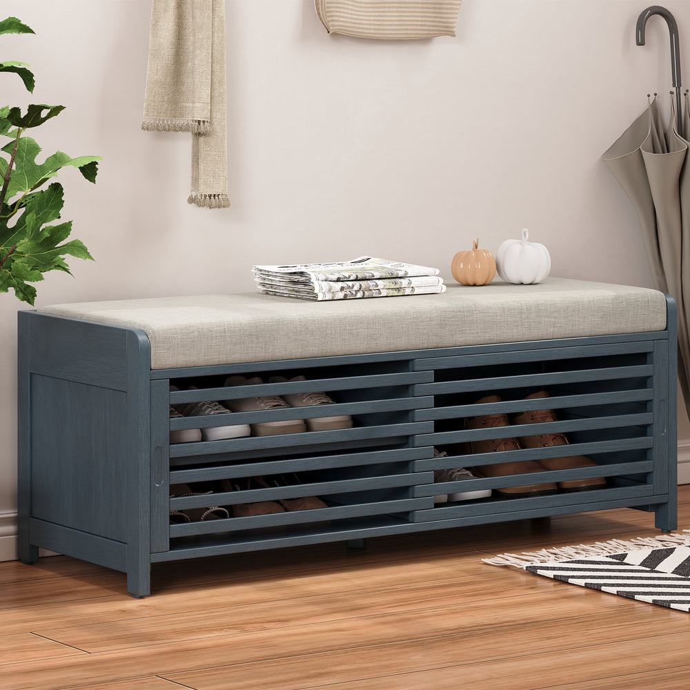 Navy Shoe Bench with Storage and Cushion - Distressed Shutter Design Retro Entryway Bench for Living Room or Hallway