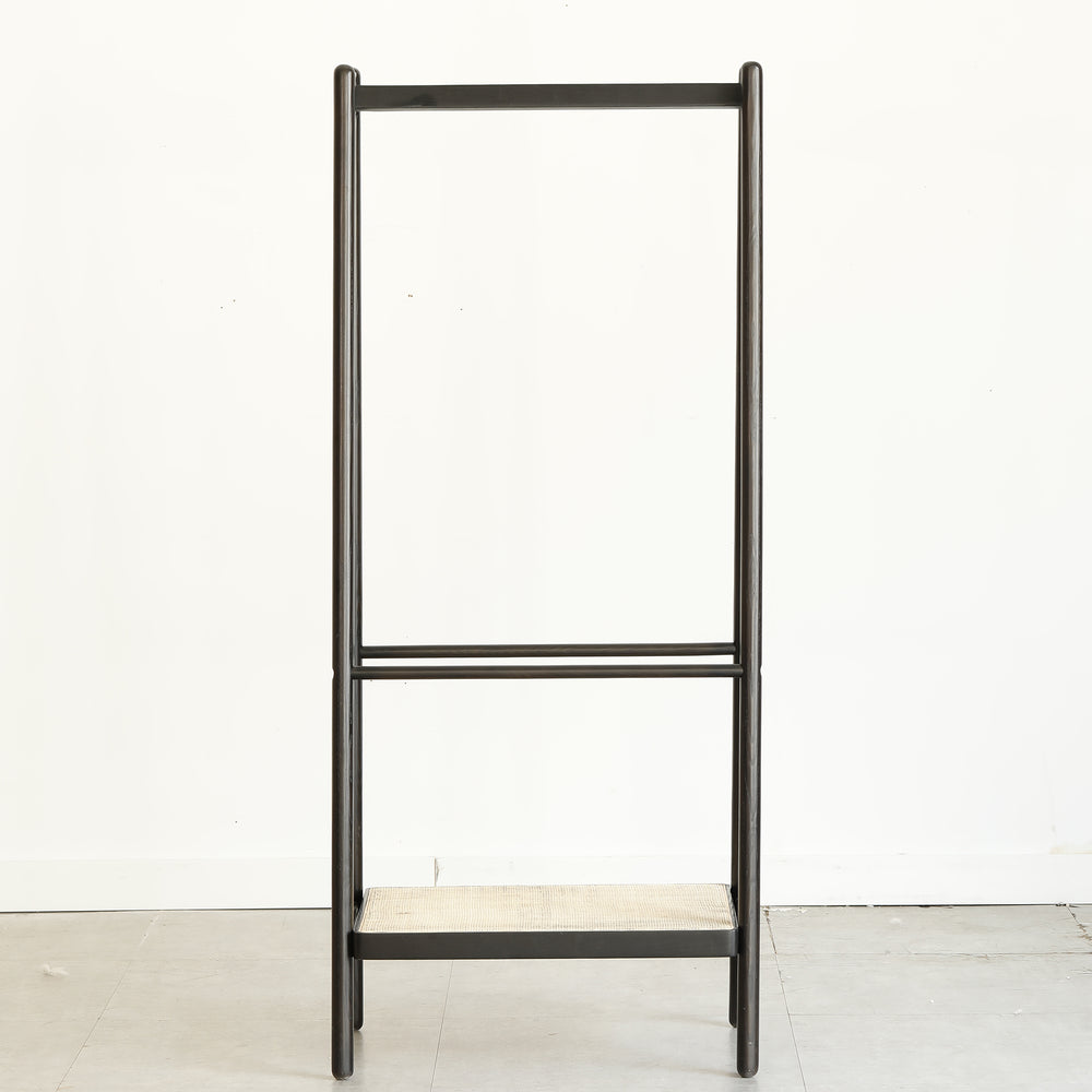 Black Solid Oak Clothes Rack with Shelves - Rattan Garment Organizer & Freestanding Wardrobe Hanger for Bedroom or Entryway
