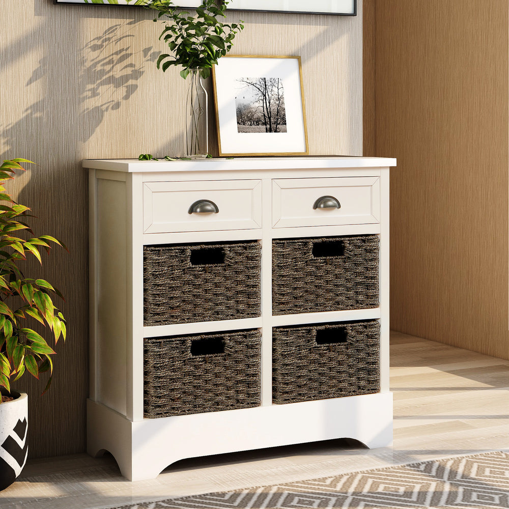 Rustic Storage Cabinet with 2 Drawers and Four  Classic Rattan Basket for Dining Room/Living Room (White)