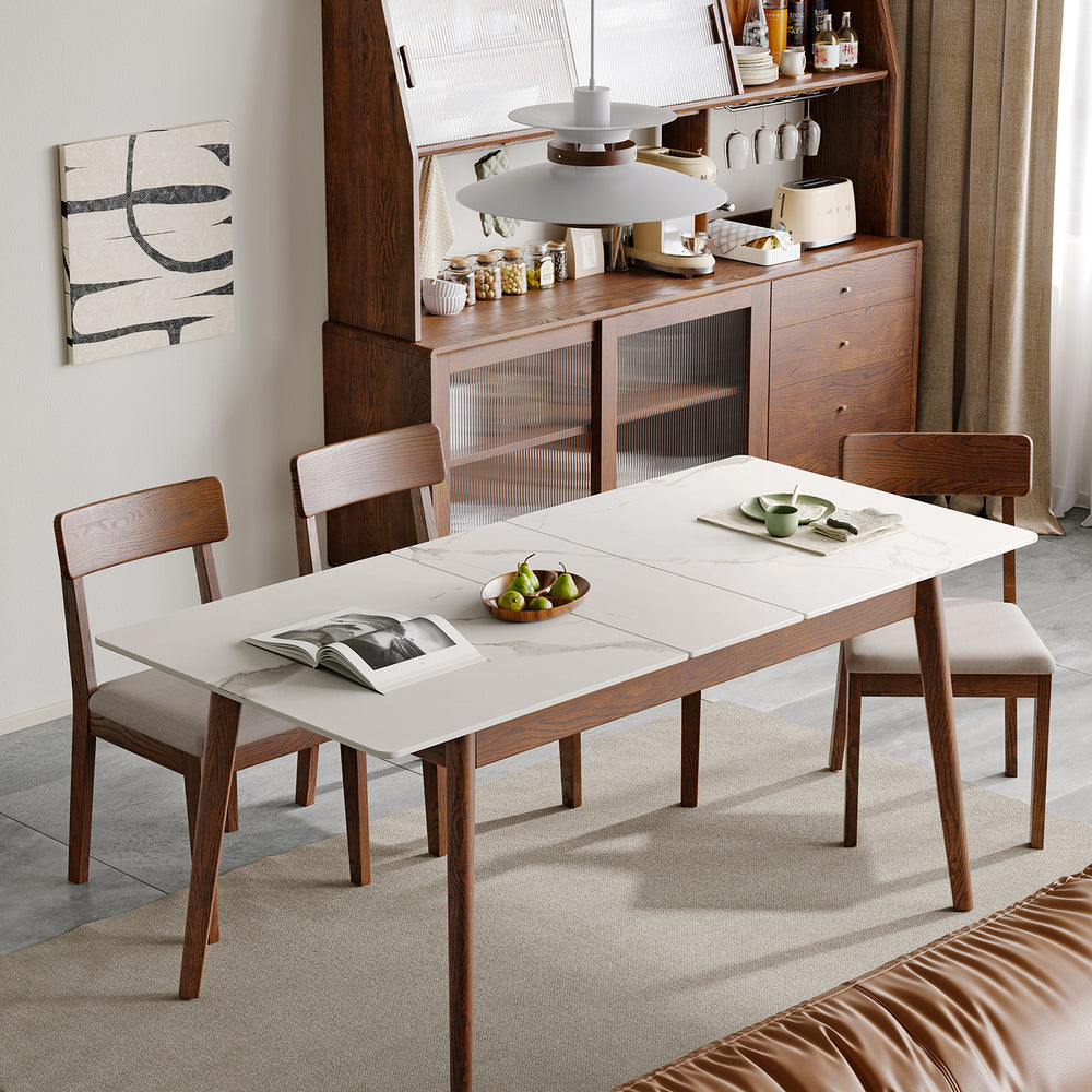 Walnut Solid Oak and White Slate Telescopic Dining Table for 6-8 People, Wood (Walnut Color)