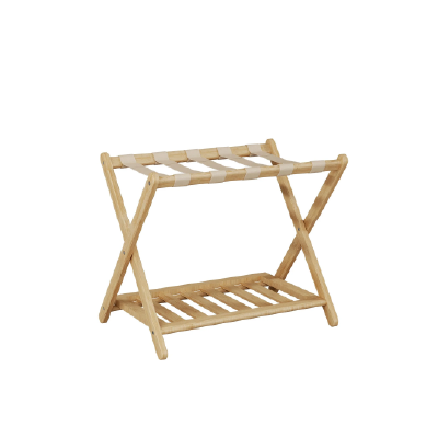 A stylish, wooden shoe rack with a slatted design and horizontal canvas straps, featuring an X-frame structure.