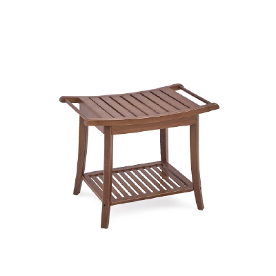Wooden shower stool with a slatted design and lower shelf, offering a stylish and functional seating option for bathrooms.