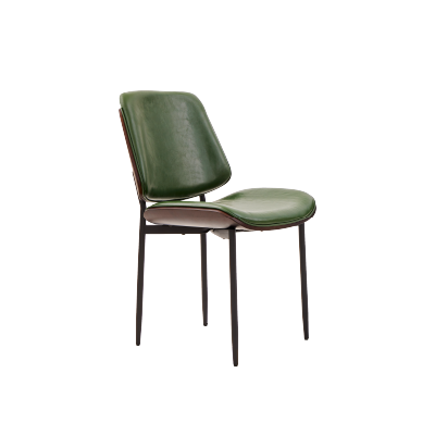 Stylish chair with a green leather seat, curved backrest, and slender black metal legs, combining modern design with comfort.