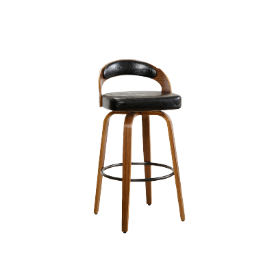Stylish wooden bar stool with a black leather seat and a curved backrest, featuring a circular footrest for added comfort.
