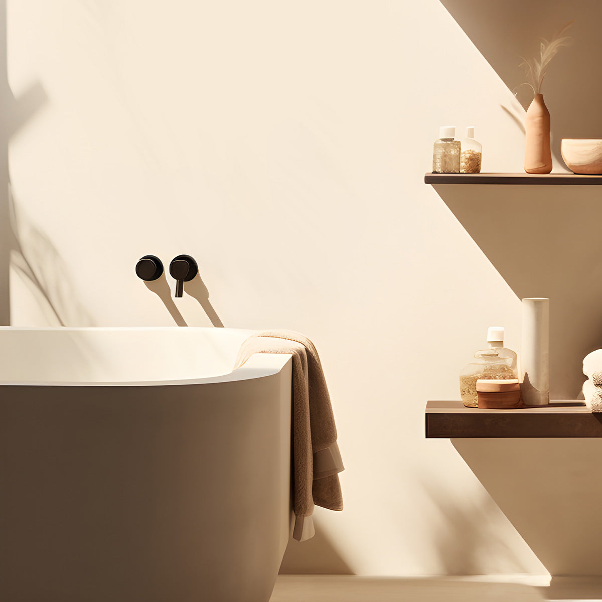 Minimalist bathroom scene featuring a sleek tub, black faucets, soft towel, and a wooden shelf with decorative bottles and towels.